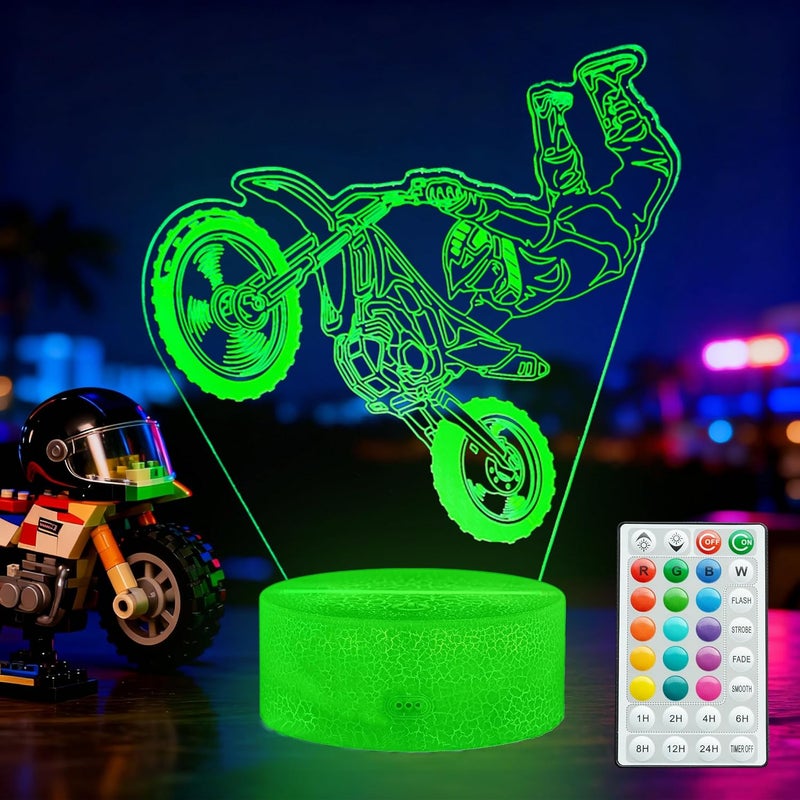 Posshe Dirt Bike Night Light, Dirt Bike Gifts for Boy, 3D Illusion Lamp with Remote Control, 16 Colors Changing, RGB Flashing Mode and Dimmable, Gifts for Boys Christmas Decor - Image 1